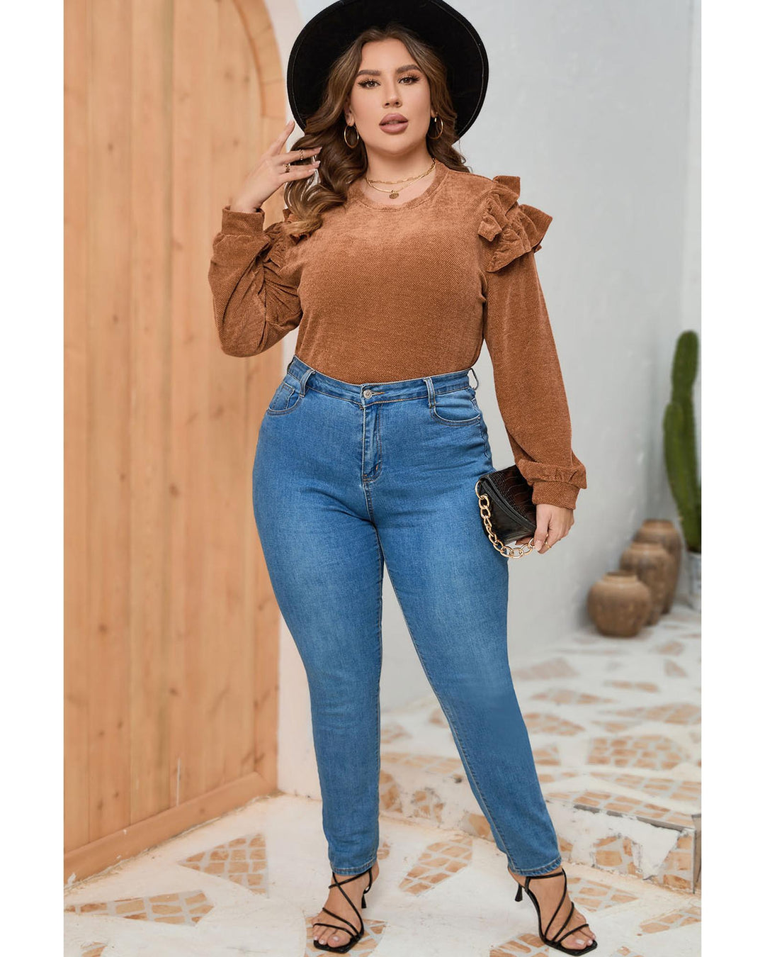 Brown Plus Size Solid Ruffled Tiered Long Sleeve Top - 1X