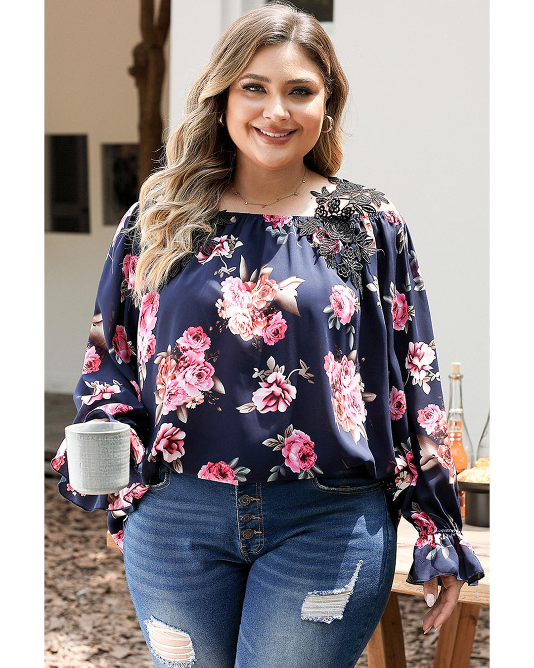 Navy Blue Plus Size Crochet Detail Cold shoulder Floral Blouse - 1X