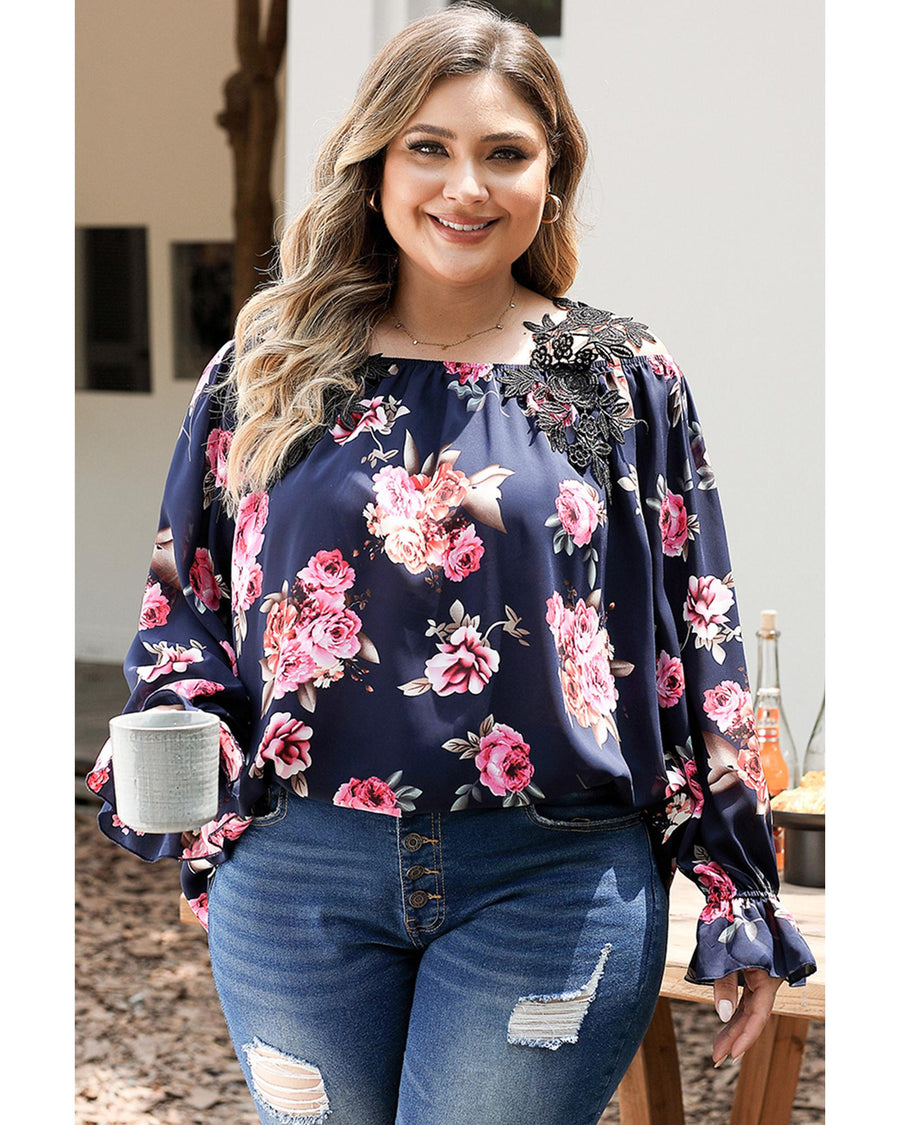Navy Blue Plus Size Crochet Detail Cold shoulder Floral Blouse - 1X