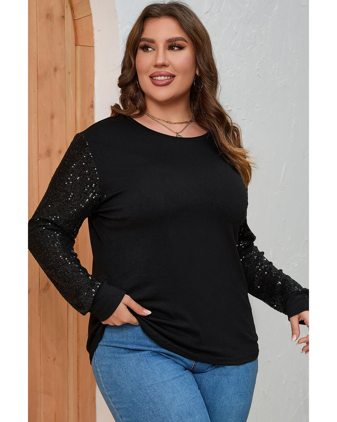 Black Sequin Contrast Long Sleeve Plus Size Top - 2X