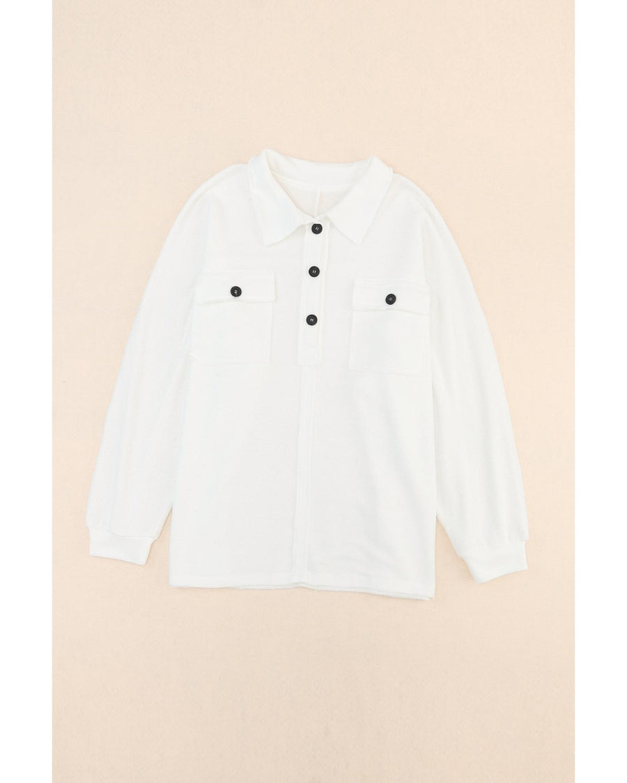 White Plus Size Long Sleeve Flap Pocket Henley Top - 1X