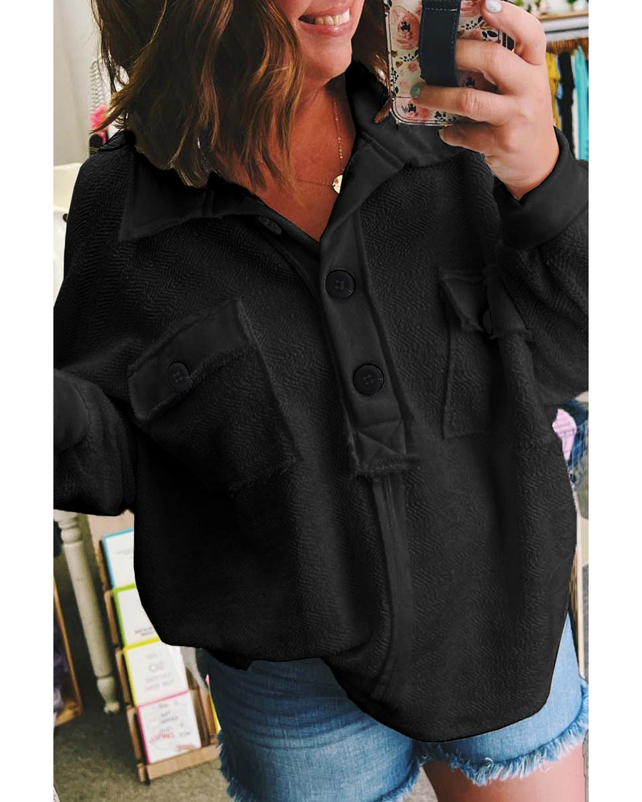 Black Plus Size Long Sleeve Flap Pocket Henley Top - 1X