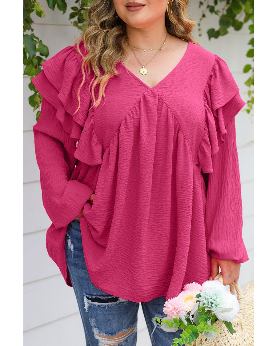 Pink Crinkle Ruffled V Neck Plus Size Blouse - 2X