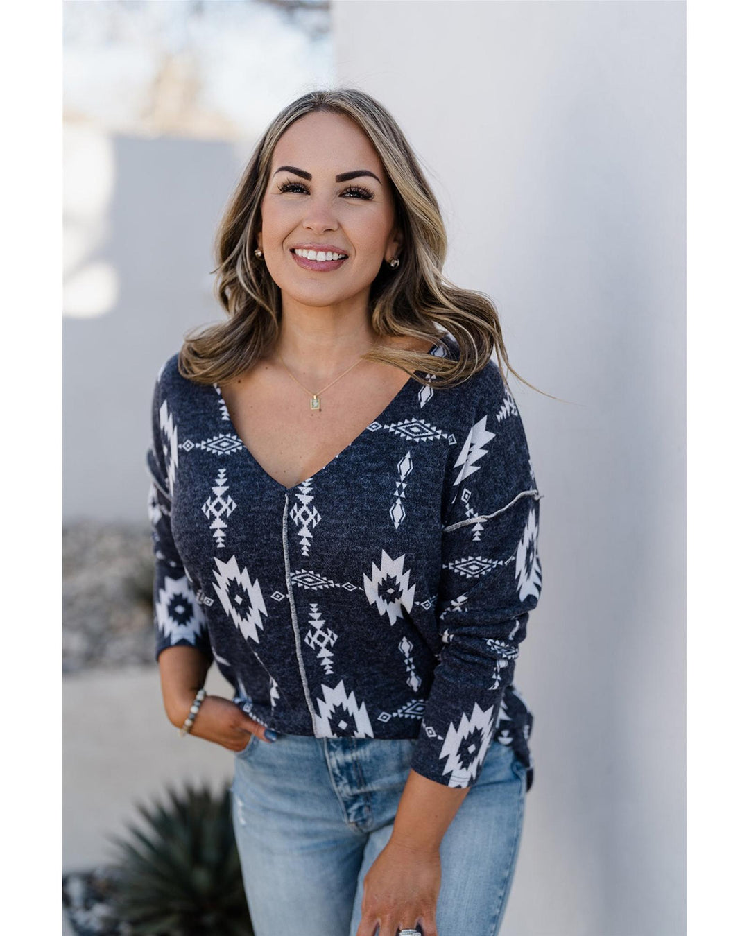 Gray Plus Size Aztec Print Exposed Seam Top - 2X