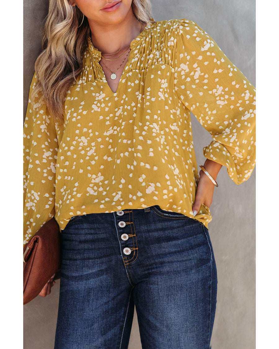 Yellow Plus Size Floral Print Ruched Split Neck Blouse - 1X