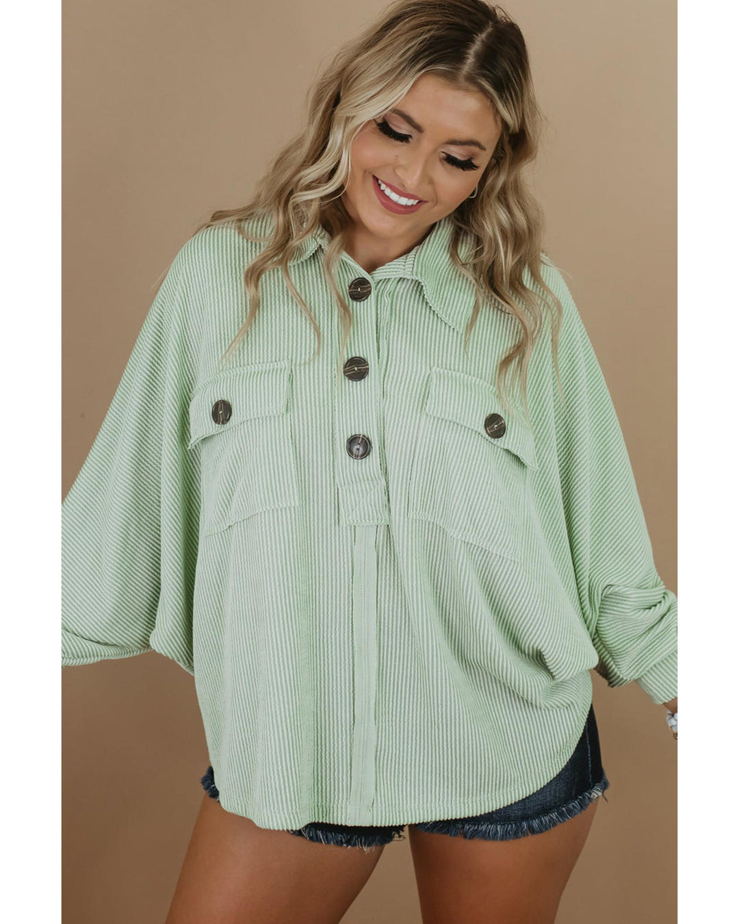 Azura Exchange Green Plus Size Ribbed Pocketed Long Sleeve Henley Top - 1X