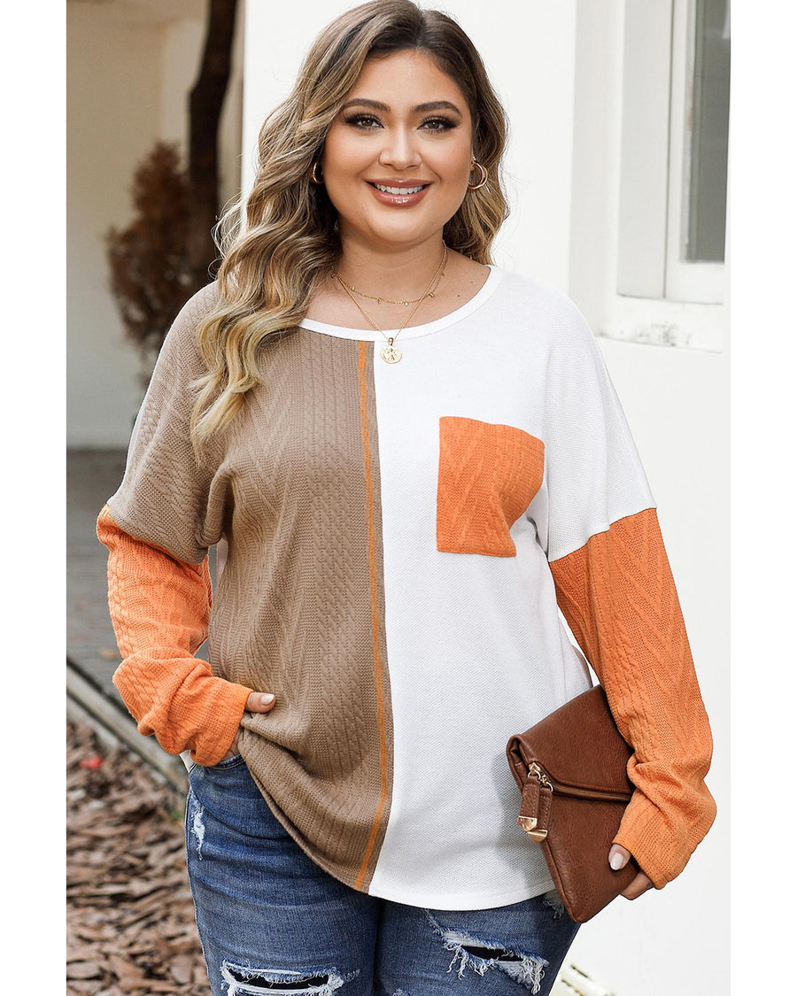 Chestnut Plus Size Color Block Textured Patchwork Top with Pocket - 3X