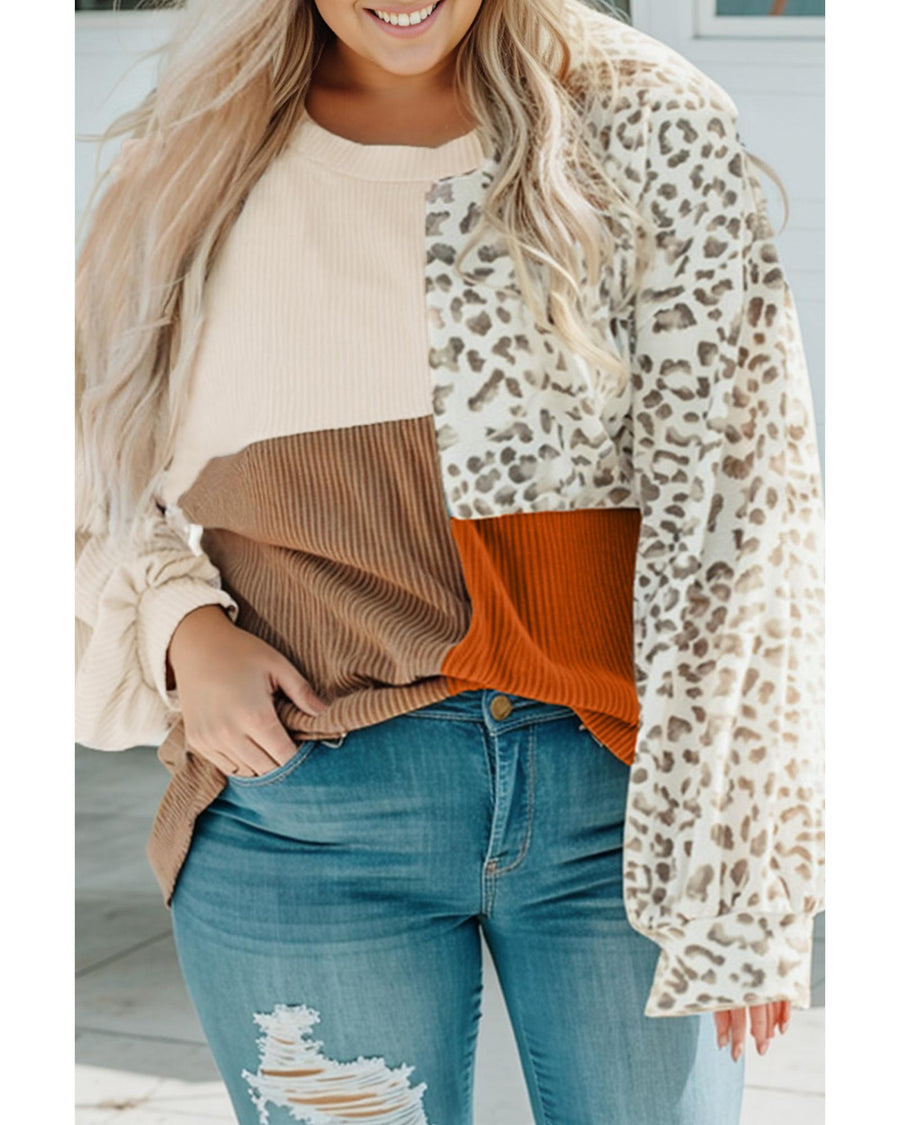 Khaki Ribbed Color Block Leopard Splicing Plus Size Top - 1X