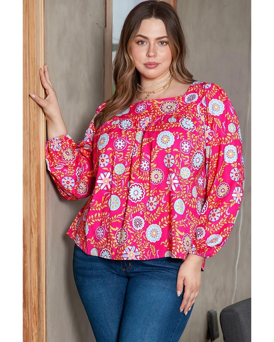 Pink Plus Size Square Neck Floral Blouse - 1X