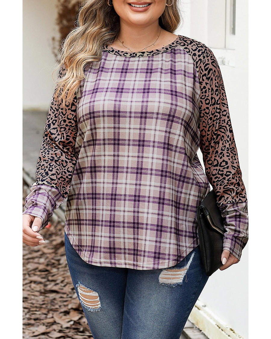 Chestnut Plus Size Leopard Raglan Sleeve Plaid Top - 3X