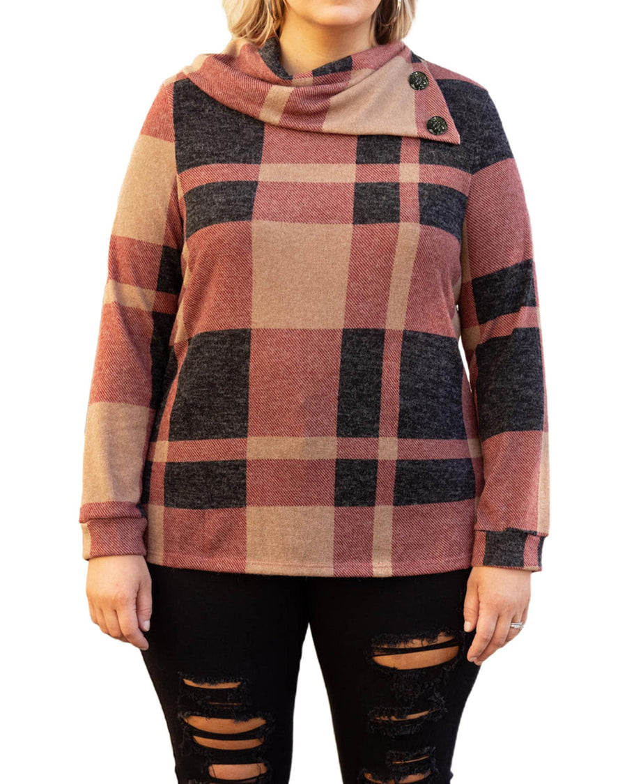 Mineral Red Plus Size Plaid Print Button Decor Asymmetric Neck Top - 1X