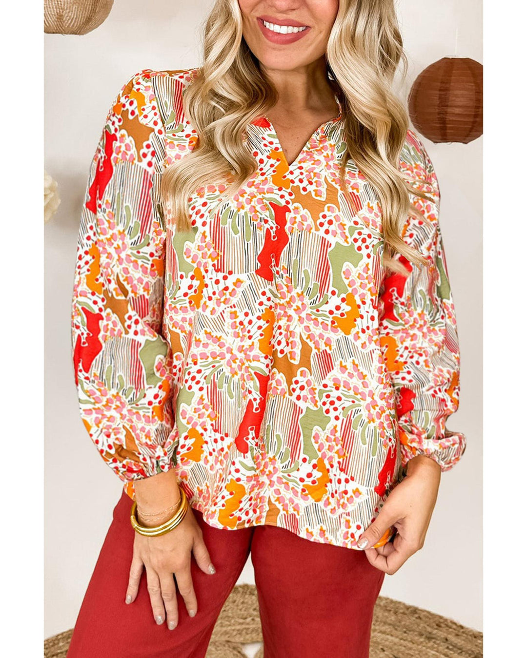 Orange Printed Floral Abstract Print Frilled V Neck Plus Size Blouse - 3X