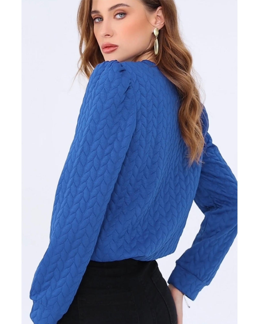 Dark Blue Cable Pattern Puff Sleeve Plus Size Top - 2X