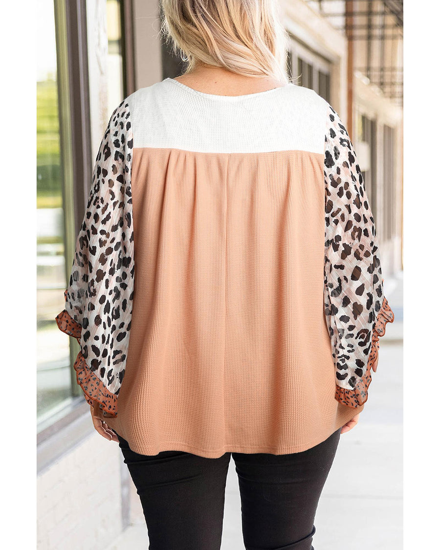 Khaki Printed Plus Ruffle Leopard Sleeve Waffled Color Block Top - 1X