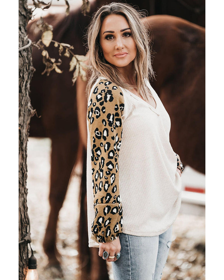 Beige Printed Plus Size Waffle Knit Contrast Leopard Long Sleeve Top - 2X