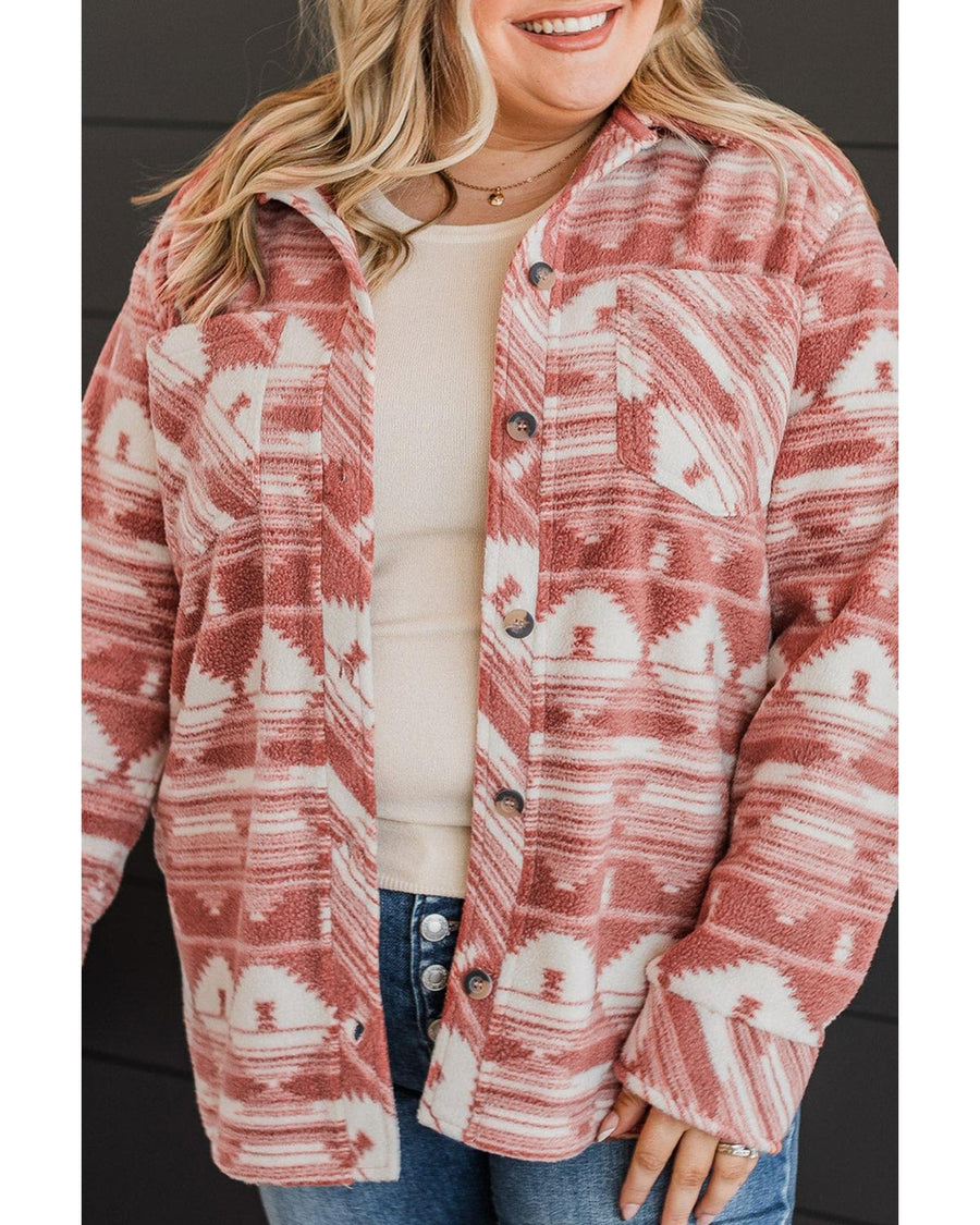 Pink Plus Size Aztec Print Chest Pocket Shacket - 3X