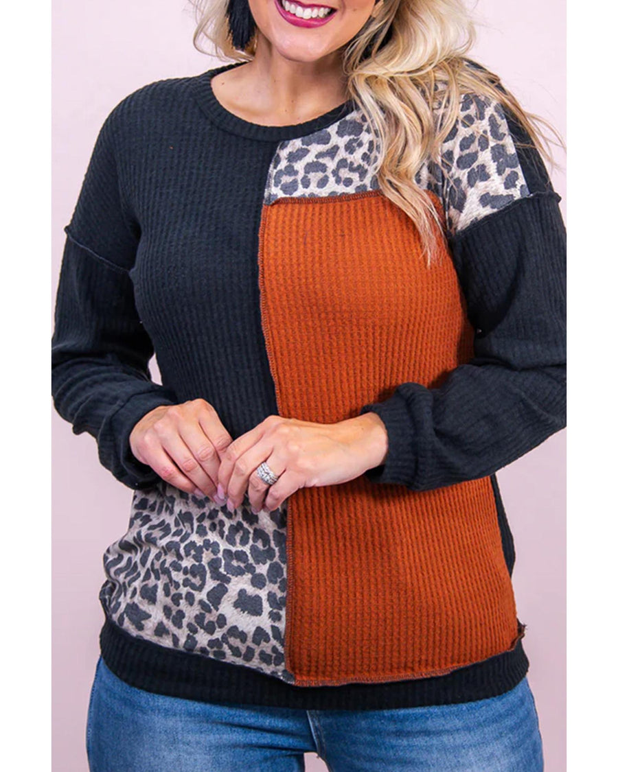 Black Orange Colorblock Leopard Patchwork Waffle Knit Plus Size Top - 1X