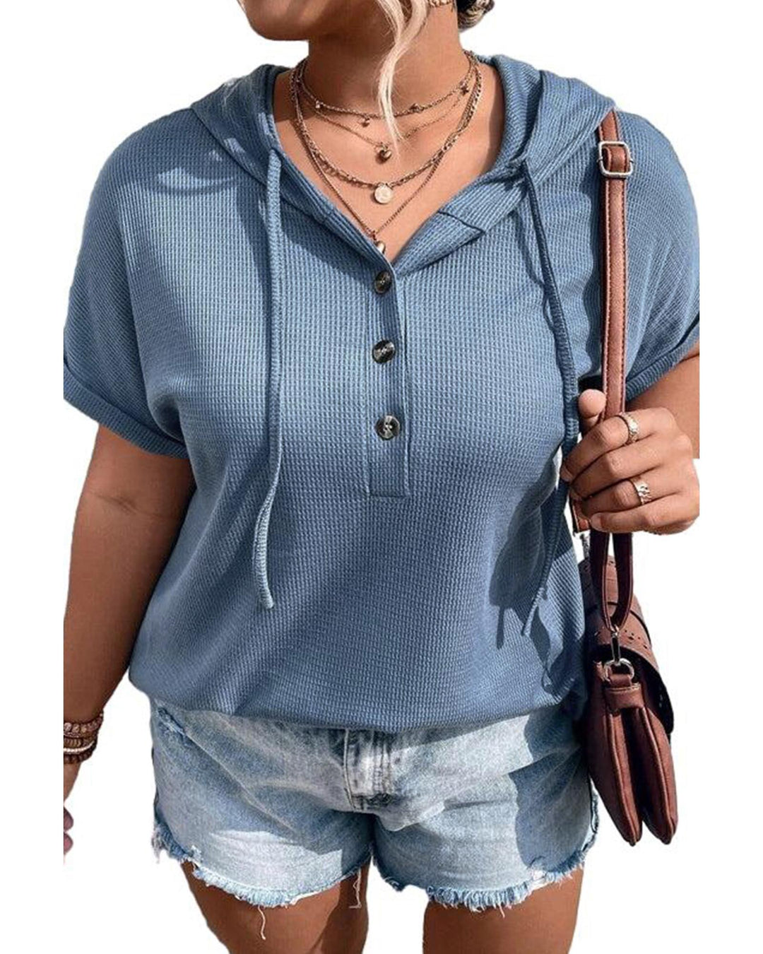Ashleigh Blue Plus Size Waffle Knit Short Sleeve Drawstring Hoodie - 1X