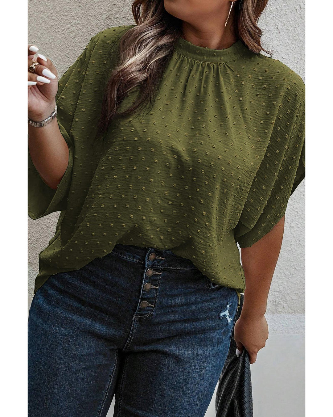 Moss Green Plus Size Swiss Dot Mock Neck Tied Nape Top - 2X