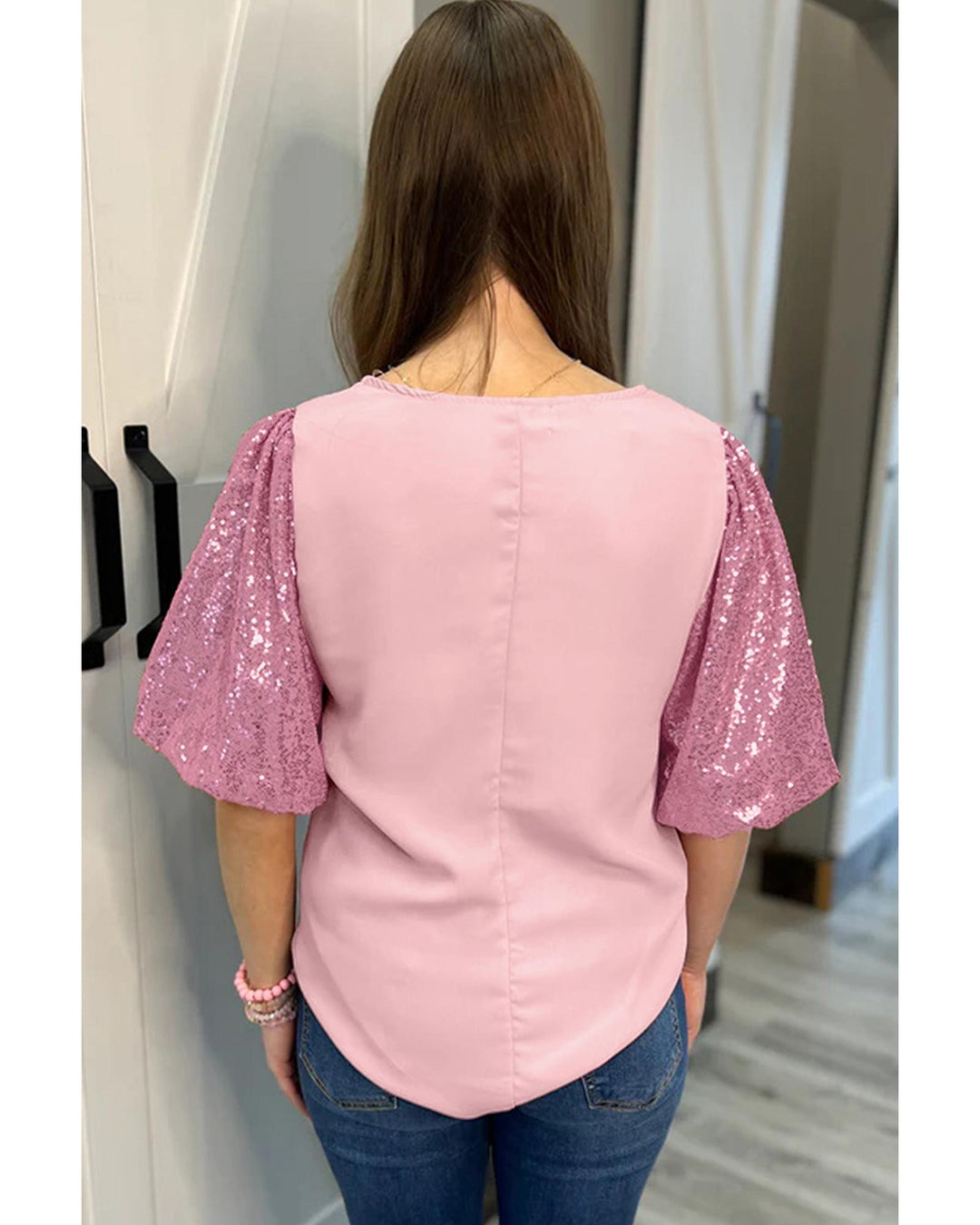 Pink Contrast Sequin Bubble Sleeve Plus Size T-shirt - 2X