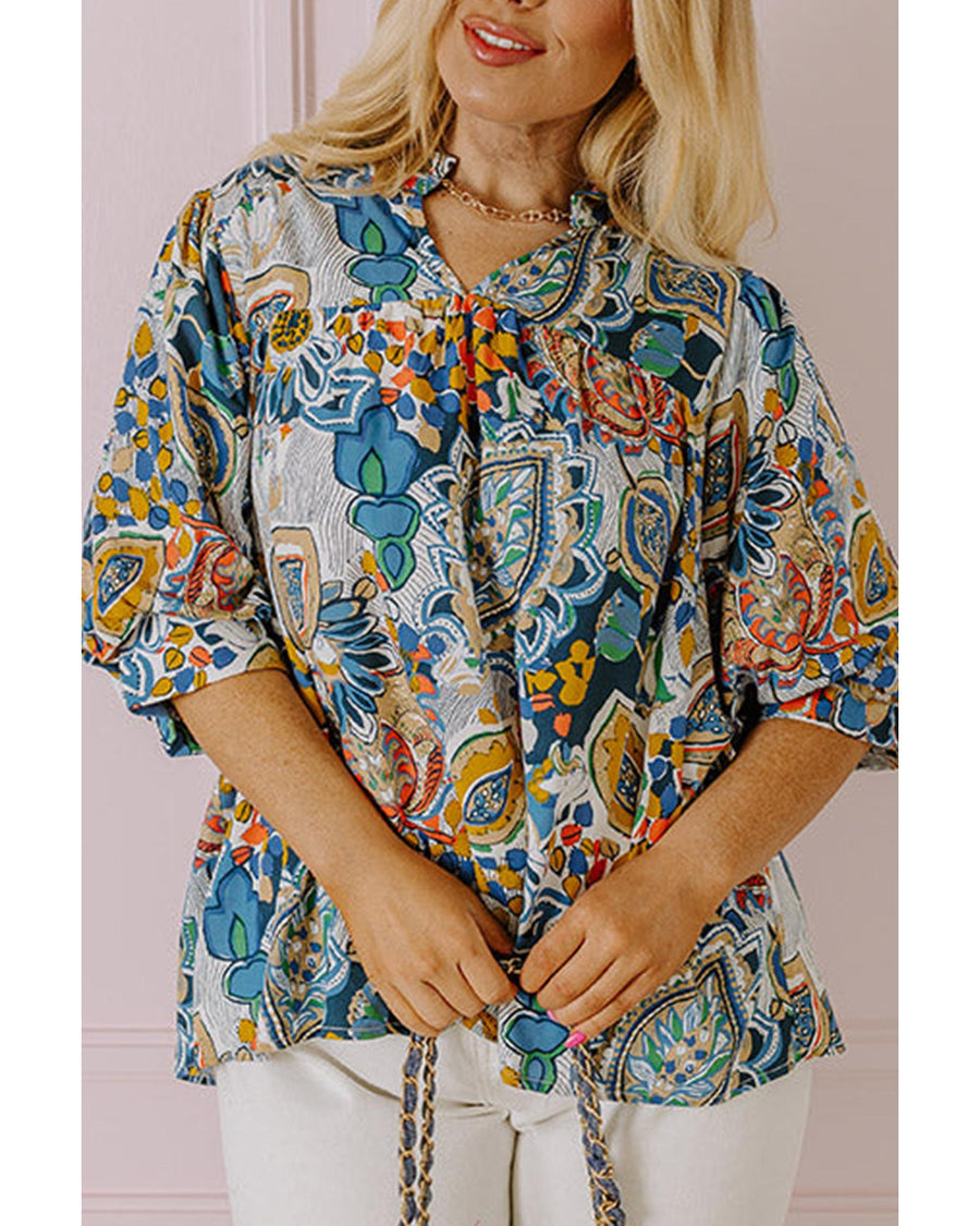 Multicolour Plus Size Floral Print Half Sleeve Slit Neck Blouse - 2X