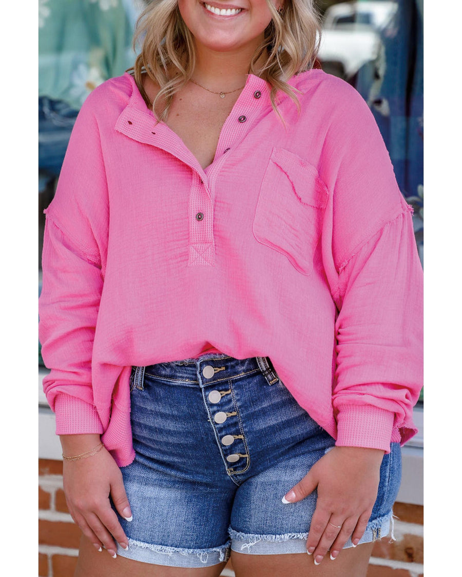 Bonbon Half Buttons Chest Pocket Drop Sleeve Plus Size Top - 3X