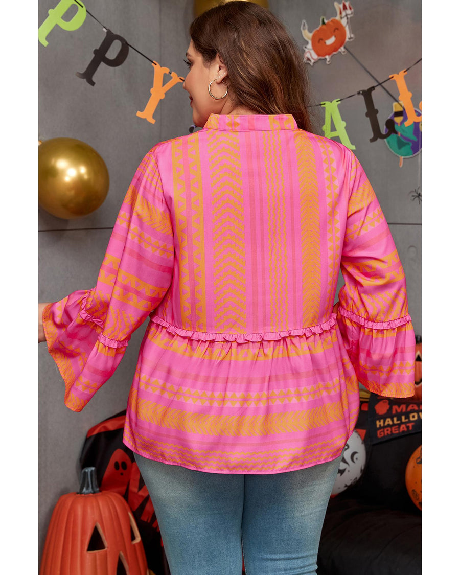 Vitality Orange Plus Size Geometric Printed Bell Sleeve Babydoll Blouse - 3X