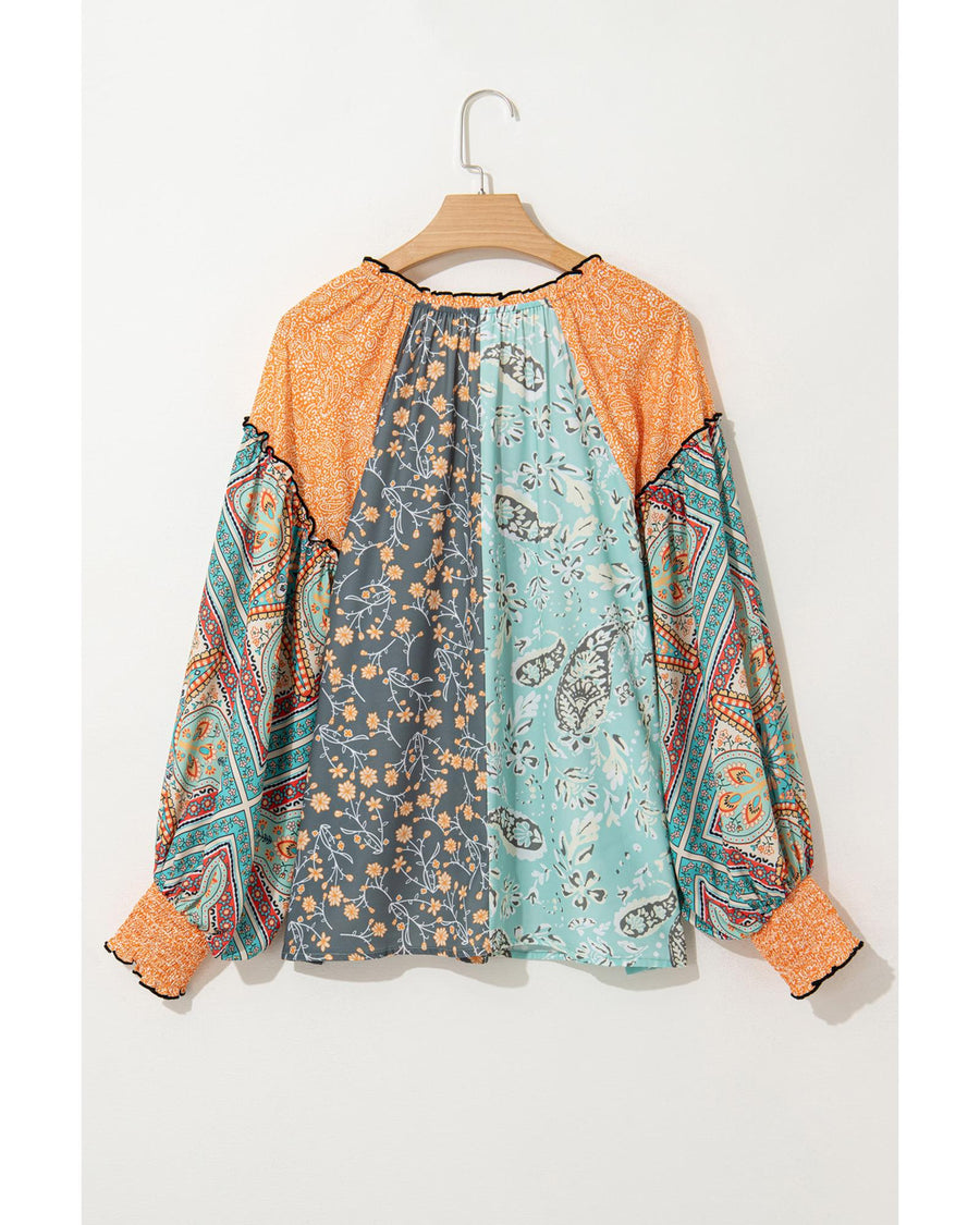 Green Floral Patchwork Lantern Sleeve Buttoned V Neck Plus Size Blouse - 1X