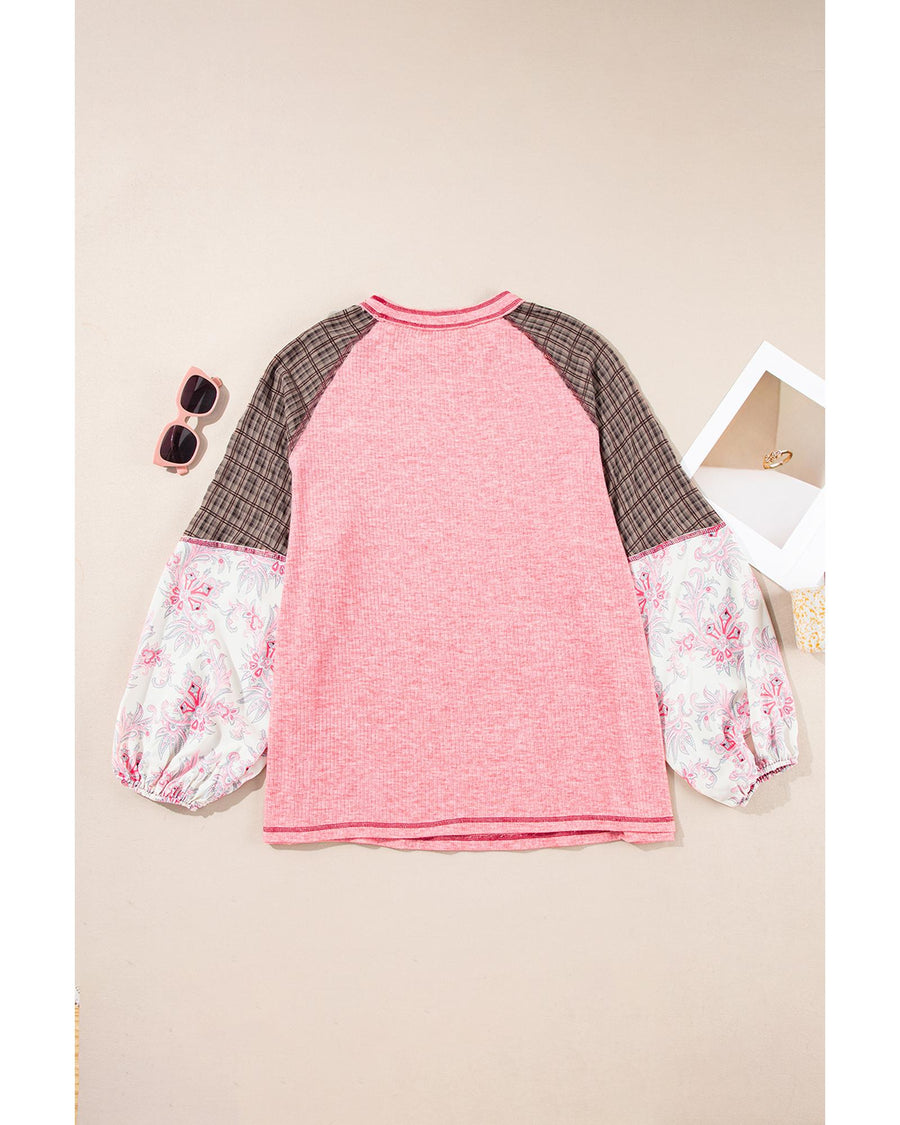 Pink Checkered Paisley Patchwork Raglan Sleeve Seamed Plus Size Top - 2X
