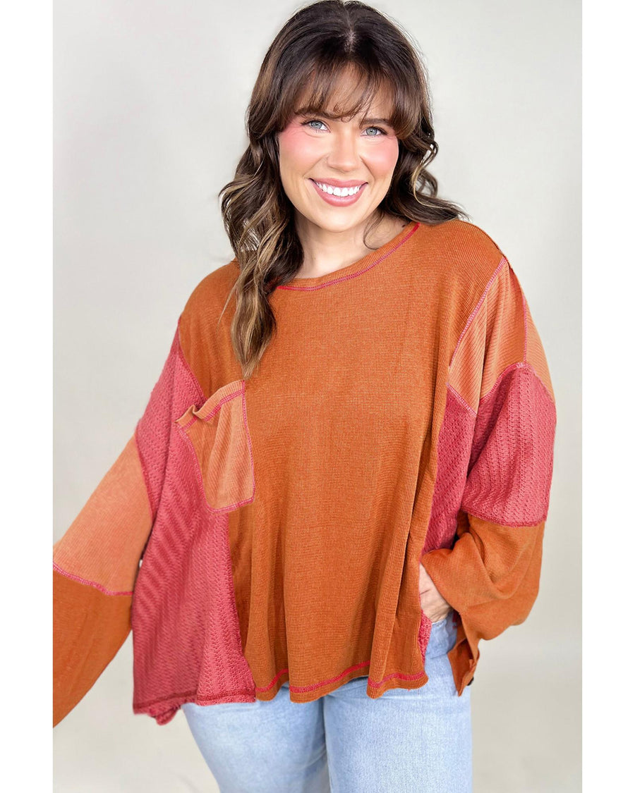 Orange Textured Knit Color Block Patchwork Chest Pocket Plus Size Top - 2X