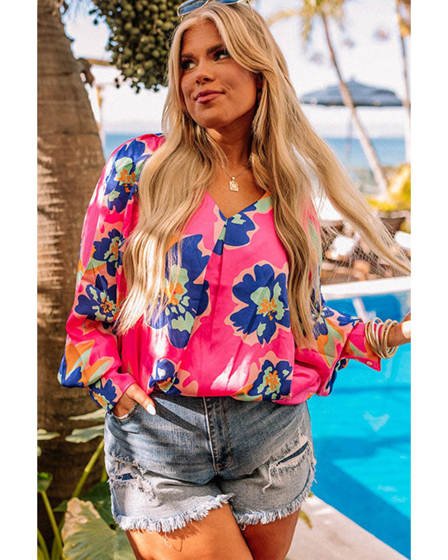 Rose Floral Pattern V Neck Balloon Sleeve Plus Size Blouse - 2X