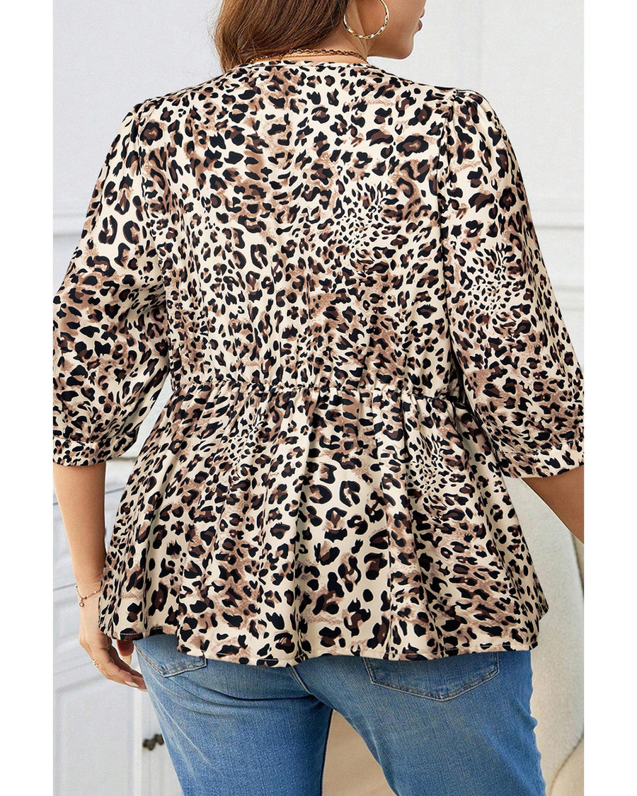 Khaki Leopard Print Lace-up Ruffled 3/4 Sleeve Plus Size Blouse - 4X