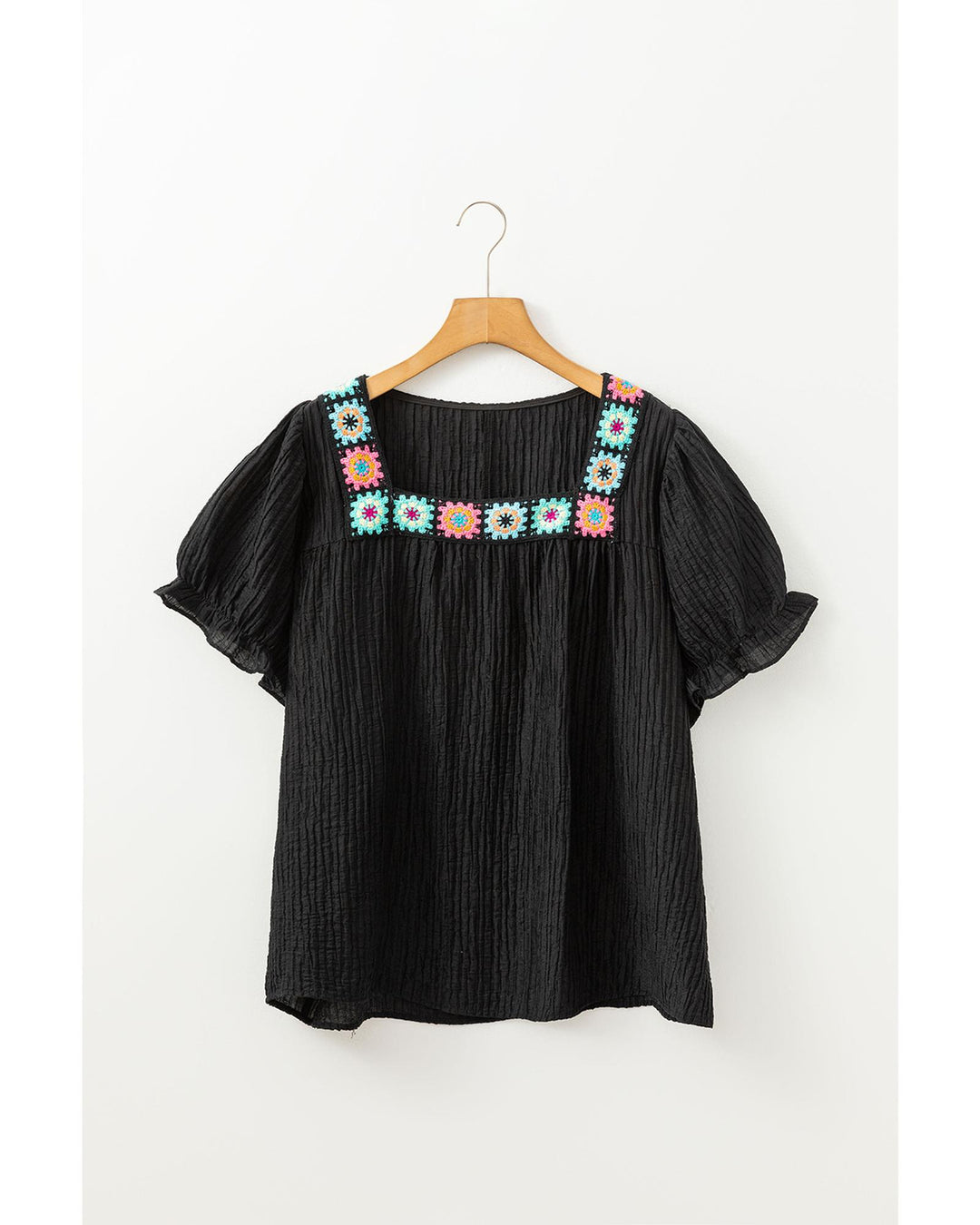 Black Floral Crochet Square Neck Ruffled Short Sleeve Flowy Plus Size Top - 1X