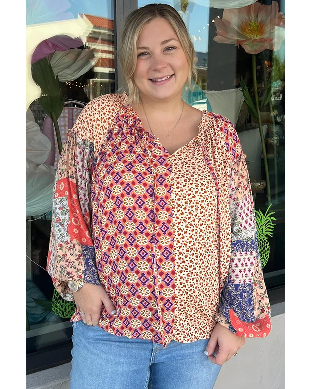 Orange Floral Geometric Patchwork Lace-up Crewneck Plus Size Blouse - 1X