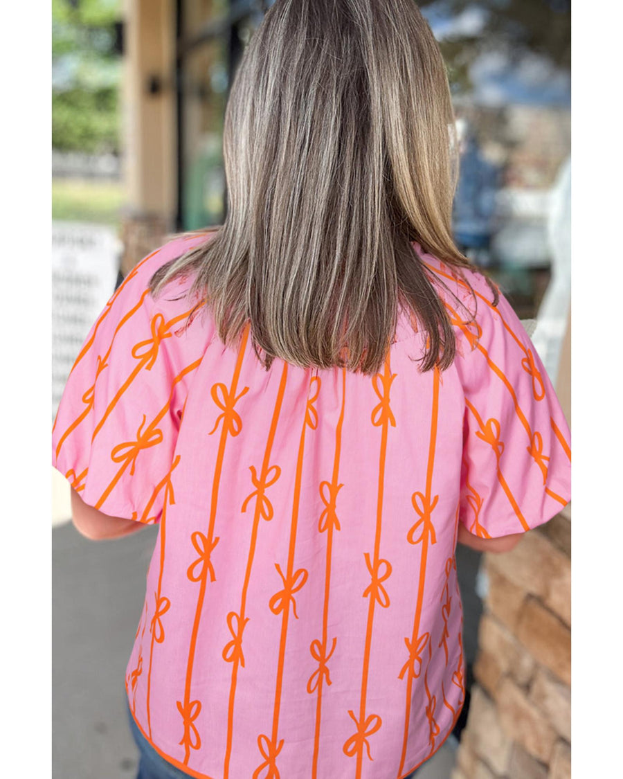 Rose Bowknot Print Shirred V Neck Puff Sleeve Plus Size Blouse - 3X