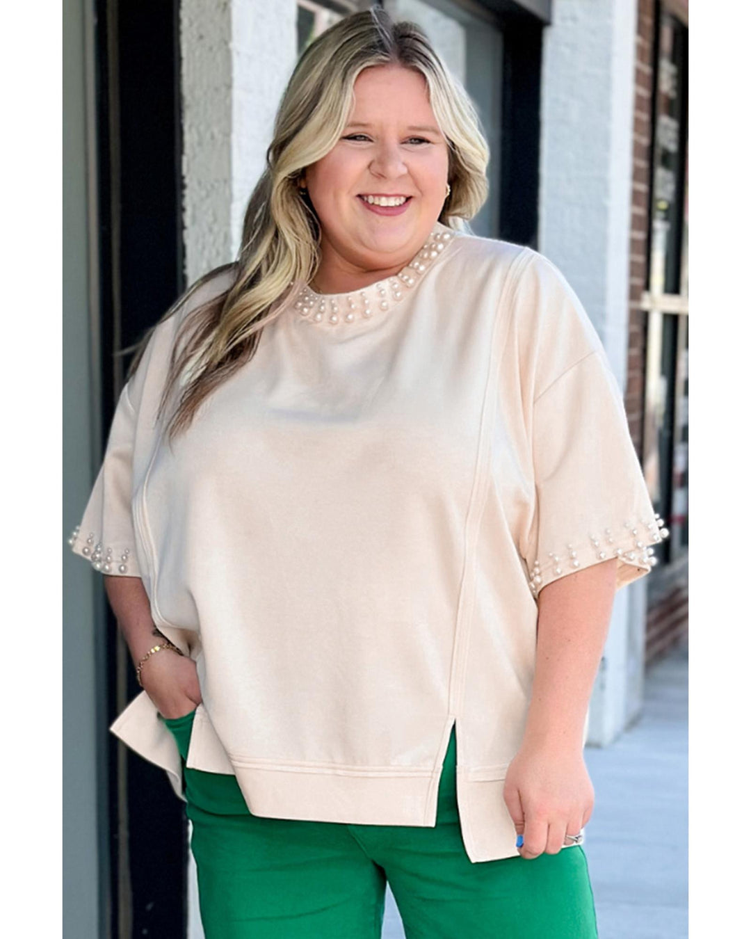 Beige Pearl Decor Crew Neck Half Sleeve Plus Size T Shirt - 3X