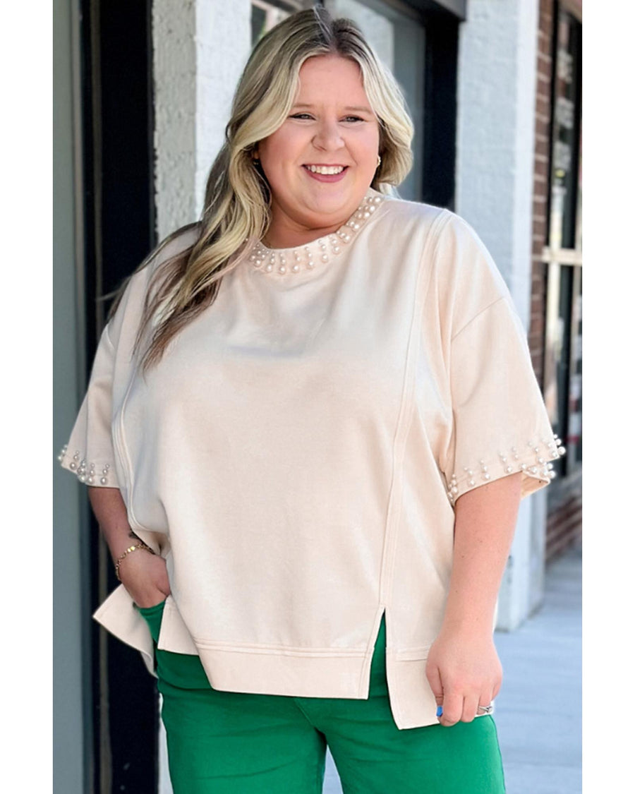 Beige Pearl Decor Crew Neck Half Sleeve Plus Size T Shirt - 4X
