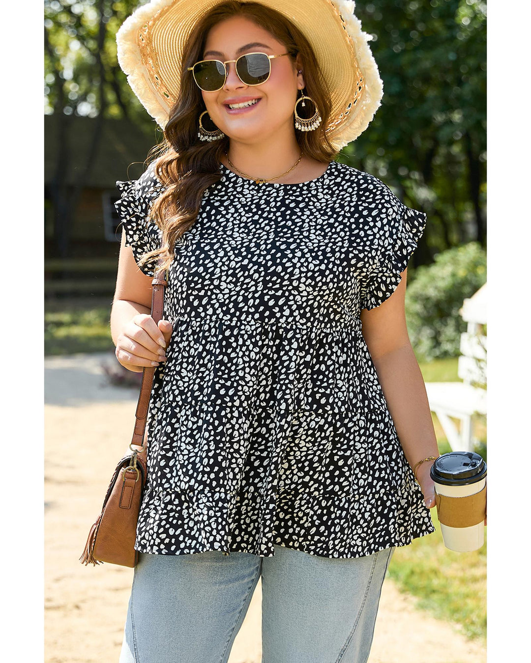Black Leopard Print Ruffled Short Sleeve Keyhole Back Tiered Flowy Plus Size Blouse - 4X