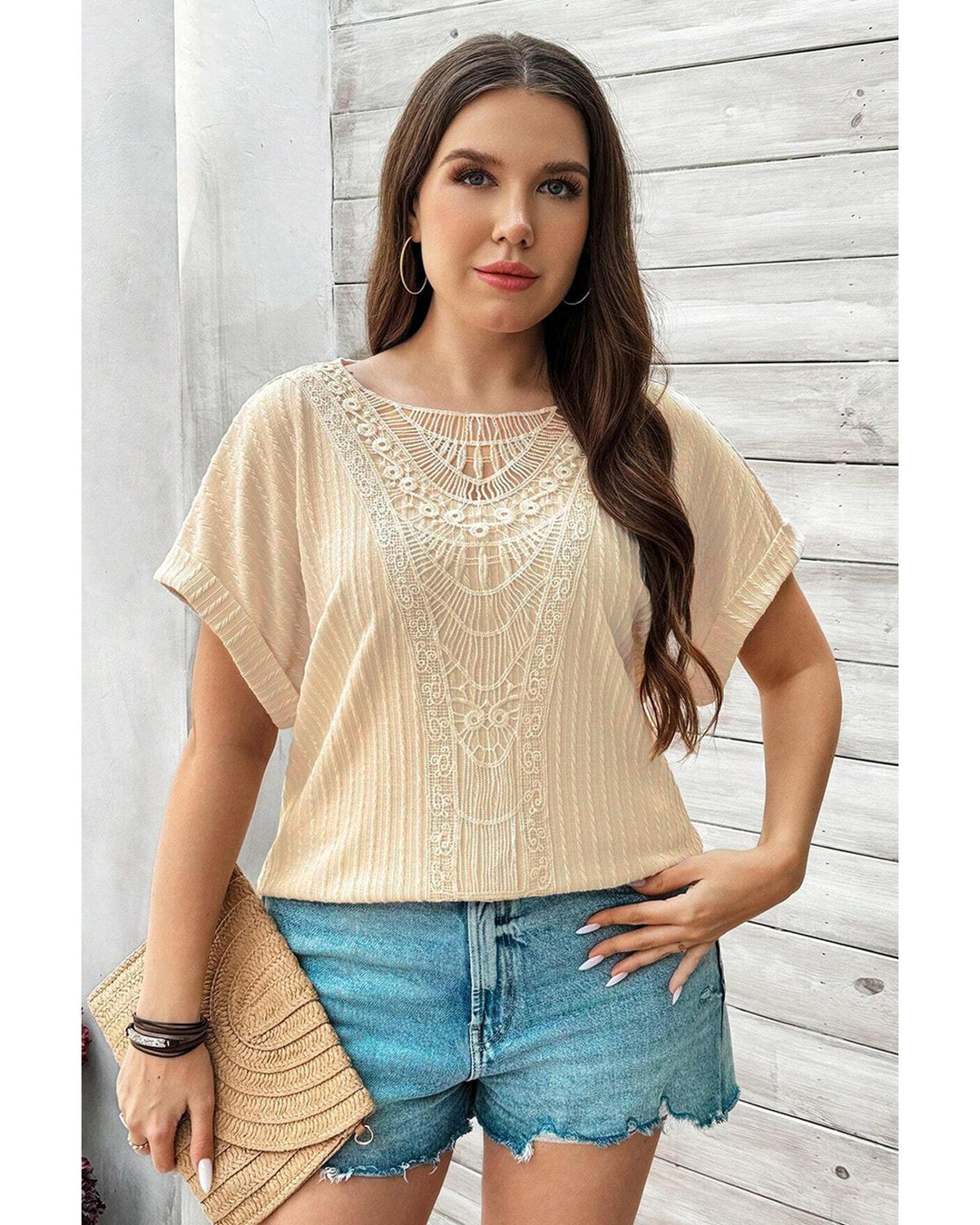 Beige Lace Crochet Patched Cable Textured Cuffed Short Sleeve Plus Size Top - 4X