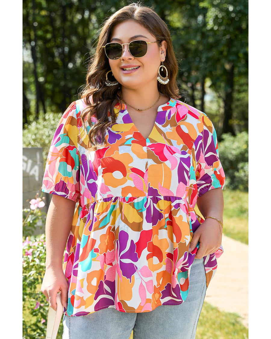 Pink Plus Size Floral Print V Neck Fit and Flare Blouse - 2X