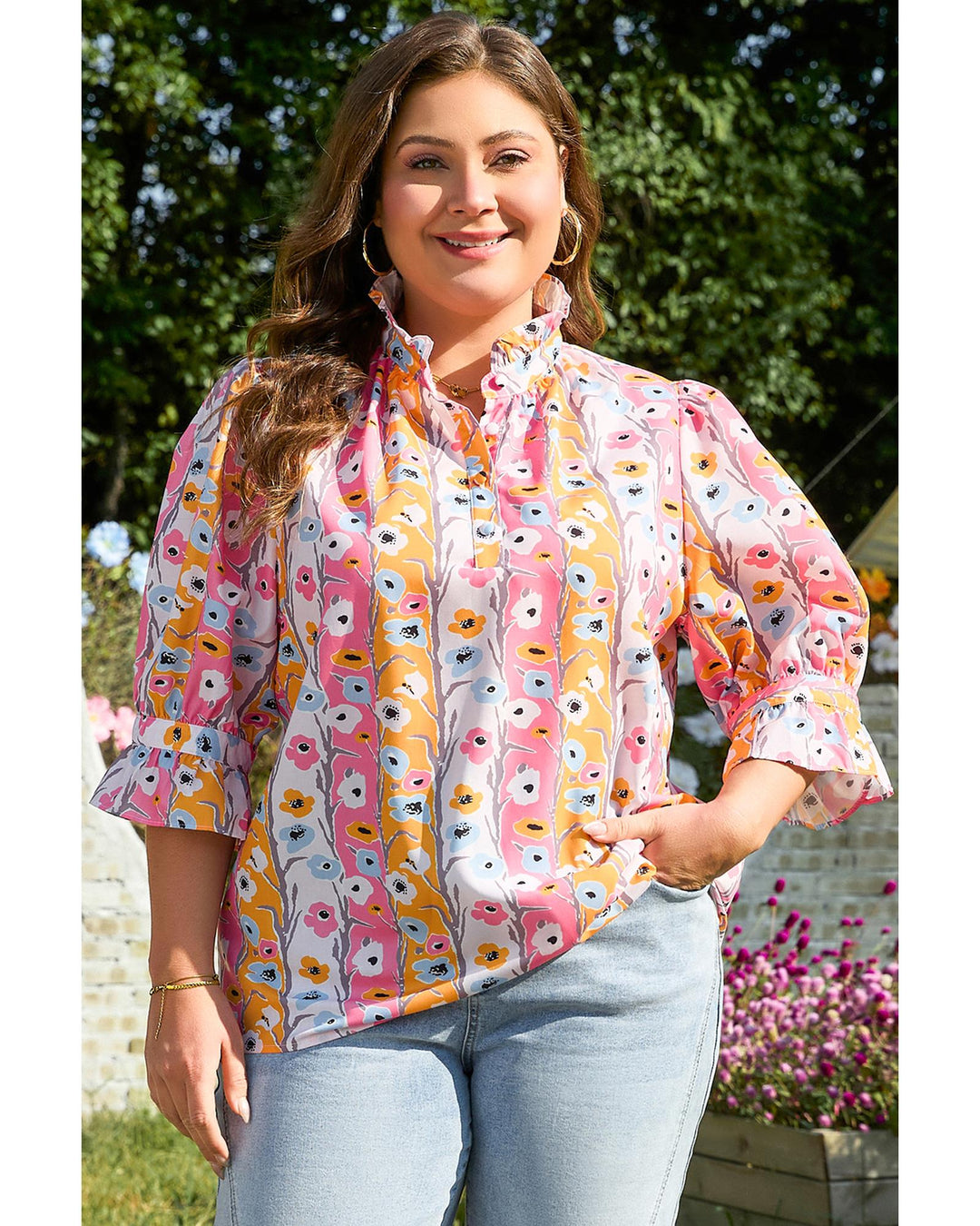 Pink Floral Ruffled Collar Bracelet Sleeve Plus Size Blouse Top - 1X