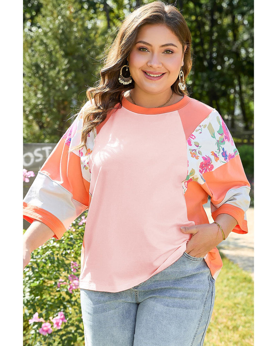 Orange Plus Size Floral Print Patchwork Raglan Half Sleeve Top - 2X