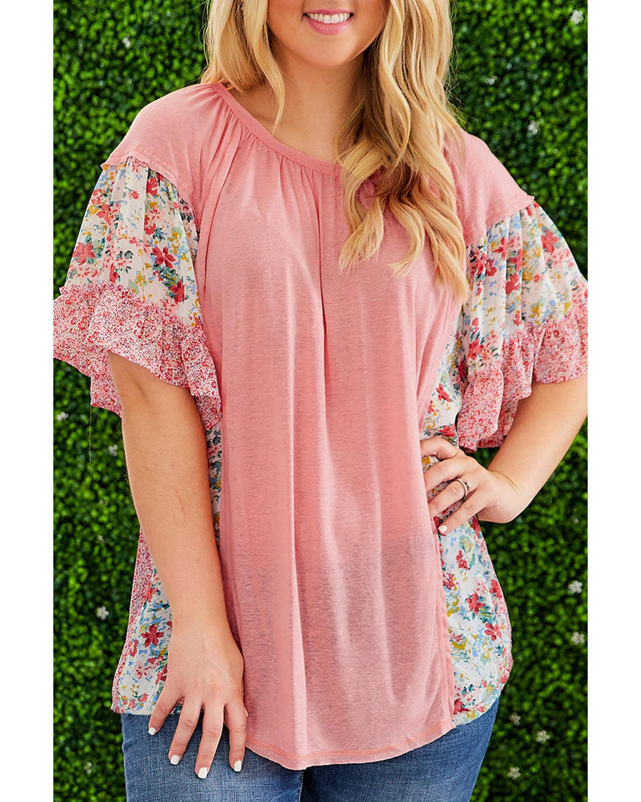 Pink Plus Size Floral Patchwork Ruffled Short Sleeve Blouse - 3X
