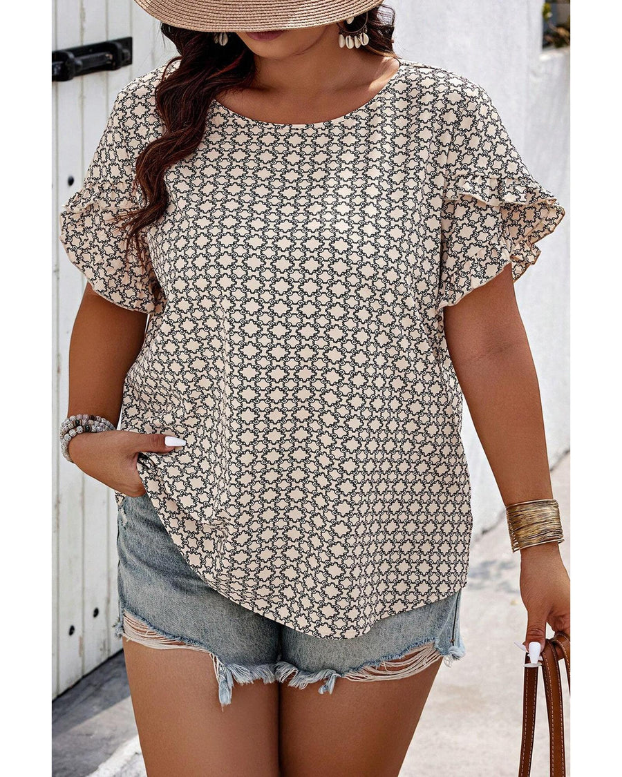 Khaki Plus Size Geometric Print Ruffled Sleeve Blouse - 1X