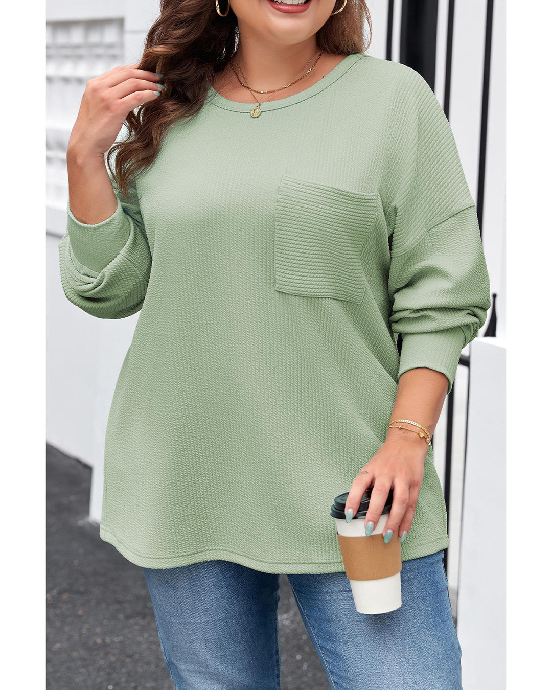 Clearly Aqua Plus Size Corded Knit Pocketed Crew Neck Top - 1X