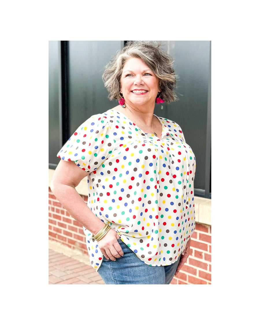 Apricot Plus Size Colorful Polka Dots Tie Neck Puff Sleeve Blouse - 4X