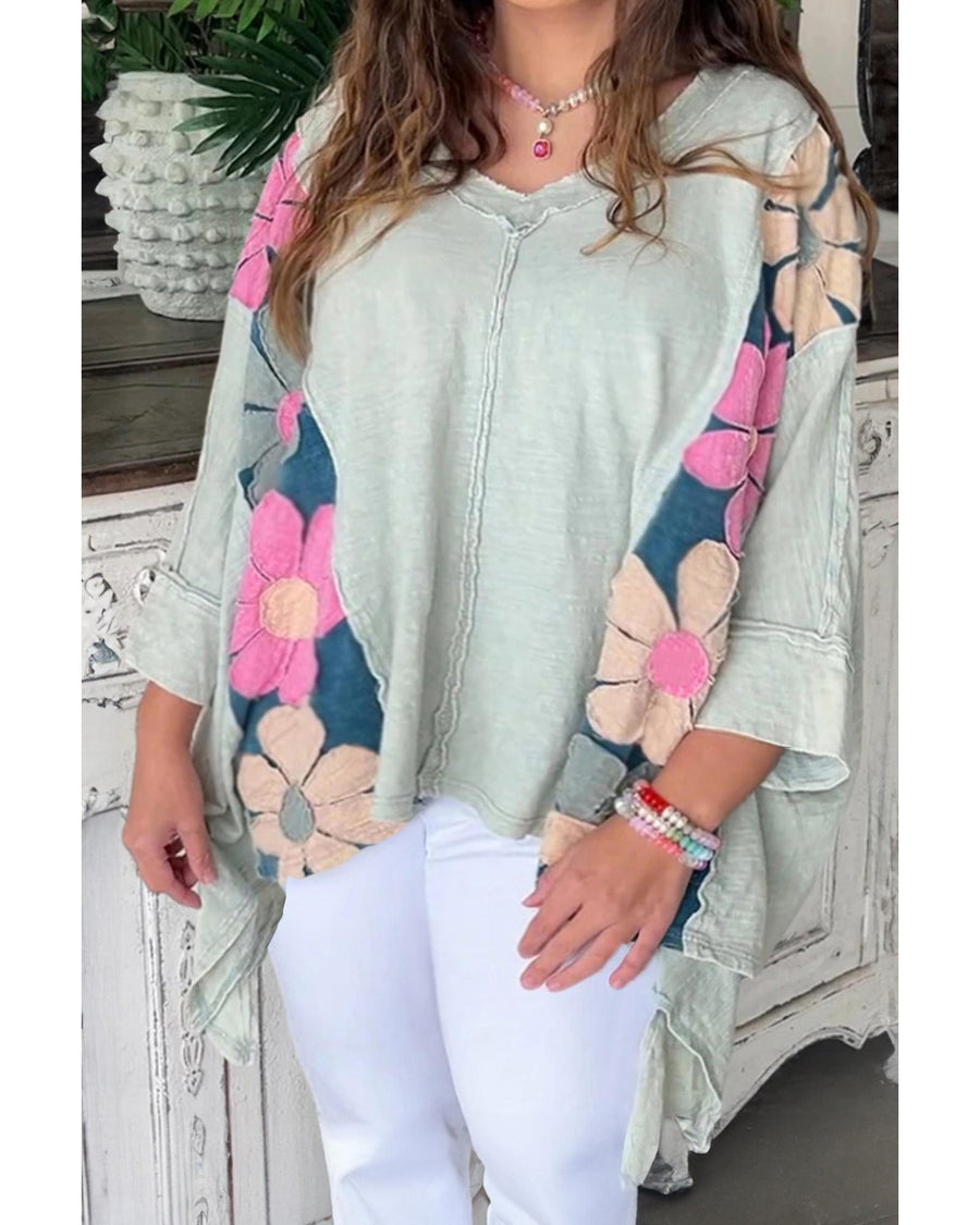 Green Plus Size Flower Patchwork Exposed Seam High Low Top - 2X