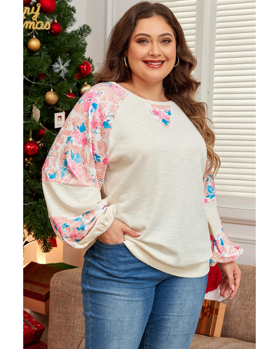Apricot Plus Size Floral Patchwork Ribbed Puff Sleeve Top - 3X
