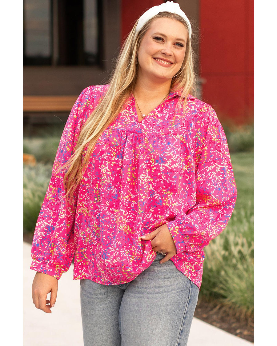 Purple Plus Size Floral Print Puff Sleeve V Neck Blouse - 1X