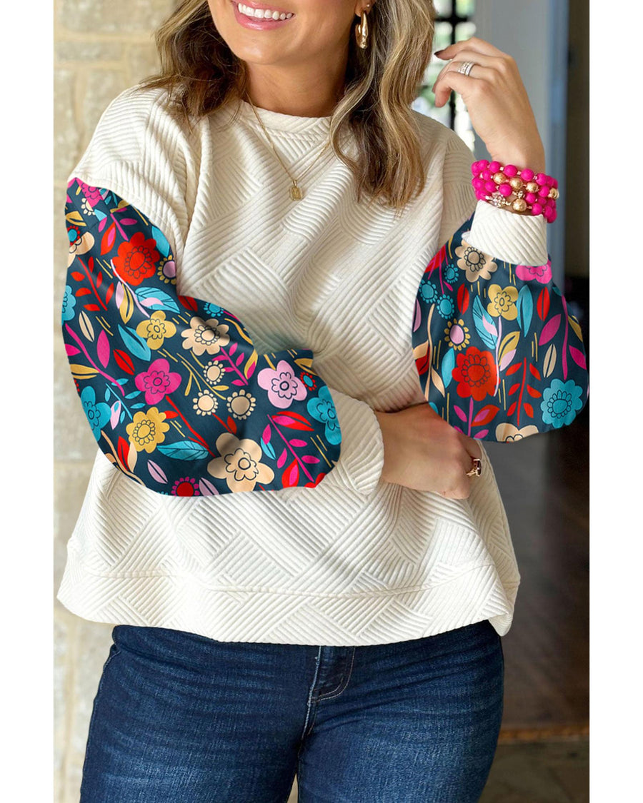 White Floral Patchwork Sleeve Textured Plus Size Pullover Top - 1X